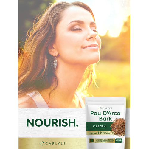 View 11 Lifestyle image of woman with eyes closed in sunlight alongside Carlyle Pau D’Arco Bark Cut & Sifted, with graphic stating NOURISH.