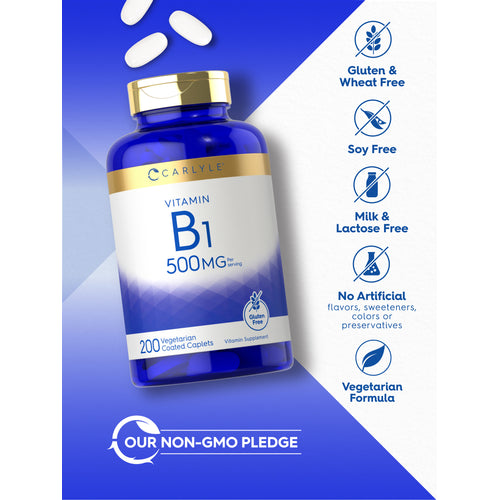 View 8 Carlyle Vitamin B1 500MG bottle with icons indicating Gluten & Wheat Free, Soy Free, Milk & Lactose Free, No Artificial flavors, sweeteners, colors or preservatives, Vegetarian Formula, and Our Non-GMO Pledge
