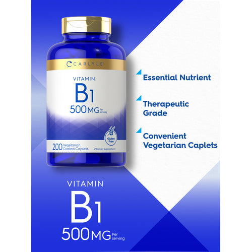 View 6 Graphic stating Essential Nutrient, Therapeutic Grade, Convenient Vegetarian Caplets, with Carlyle Vitamin B1 500MG bottle, 200 Vegetarian Coated Caplets, and Vitamin B1 500MG Per Serving