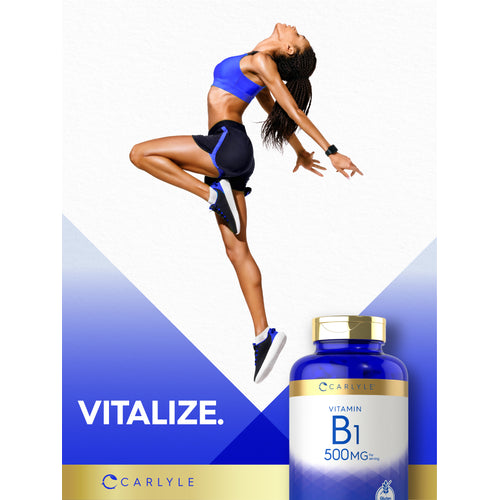 View 10 Lifestyle image of an adult jumping in athletic wear with Carlyle Vitamin B1 500MG bottle nearby and graphic stating VITALIZE