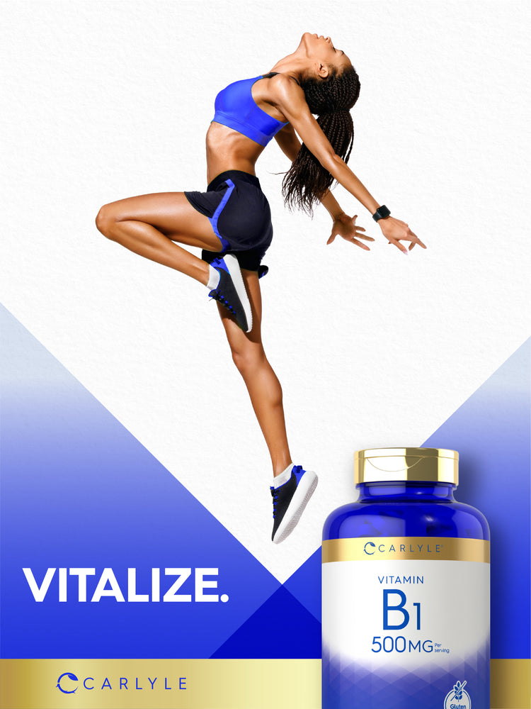 Lifestyle image of an adult jumping in athletic wear with Carlyle Vitamin B1 500MG bottle nearby and graphic stating VITALIZE