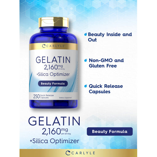 View 14 graphic stating Gelatin 2,160 mg per serving +Silica Optimizer, Beauty Formula, Beauty Inside and Out, Non-GMO and Gluten Free