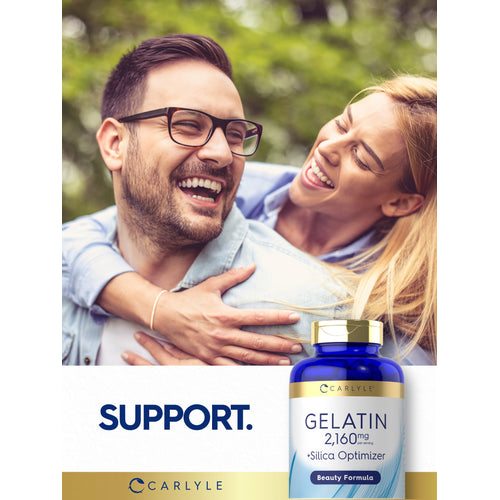 View 12 Lifestyle image of smiling couple outdoors with Gelatin 2,160 mg +Silica Optimizer Beauty Formula bottle and graphic stating SUPPORT.