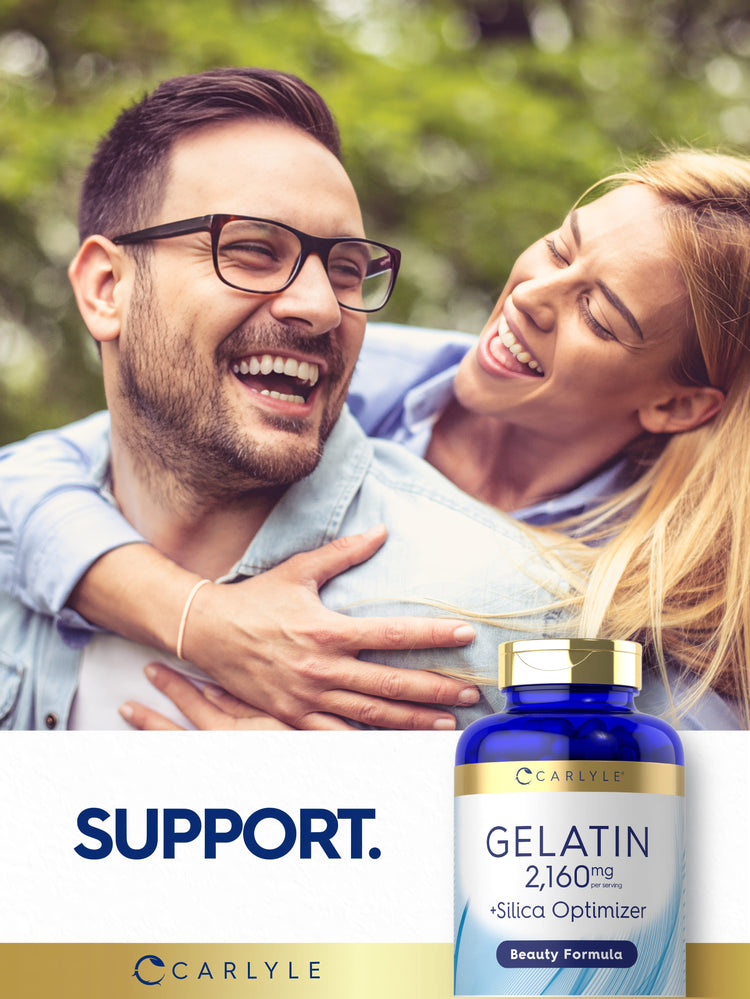 Lifestyle image of smiling couple outdoors with Gelatin 2,160 mg +Silica Optimizer Beauty Formula bottle and graphic stating SUPPORT.