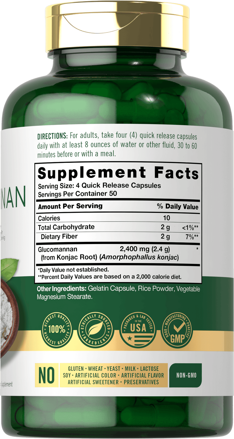 Back label / Supplement Facts panel for Glucomannan Quick Release Capsules, 2,400 mg per serving, 50 servings per container.