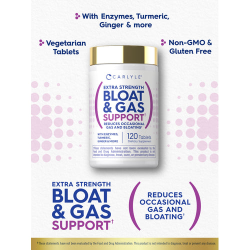 View 7 Graphic stating With Enzymes, Turmeric, Ginger & more, Vegetarian Tablets, Non-GMO & Gluten Free