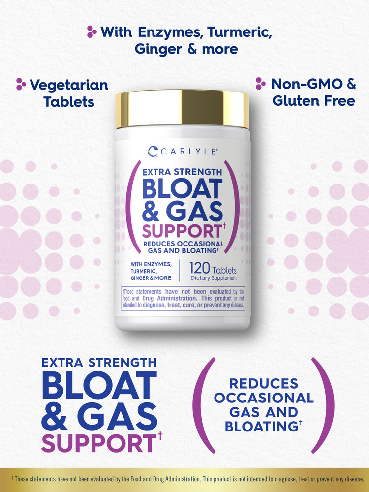 Graphic stating With Enzymes, Turmeric, Ginger & more, Vegetarian Tablets, Non-GMO & Gluten Free
