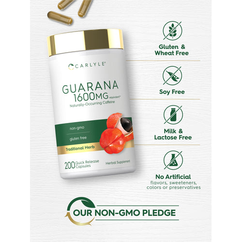 View 8 Bottle with icons indicating Gluten & Wheat Free, Soy Free, Milk & Lactose Free, No Artificial flavors, sweeteners, colors or preservatives, and Our Non-GMO Pledge