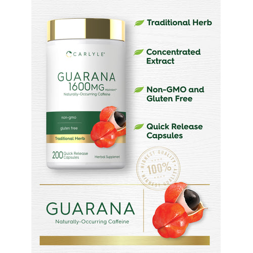 View 6 graphic stating Traditional Herb, Concentrated Extract, Non-GMO and Gluten Free, Quick Release Capsules, and Guarana Naturally-Occurring Caffeine