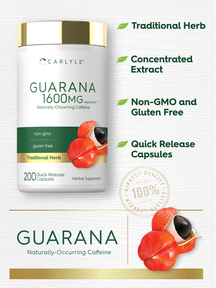 graphic stating Traditional Herb, Concentrated Extract, Non-GMO and Gluten Free, Quick Release Capsules, and Guarana Naturally-Occurring Caffeine