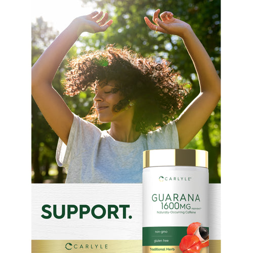 View 10 Lifestyle image of adult outdoors with arms raised in sunlight, with Guarana 1600 mg supplement bottle and graphic stating SUPPORT