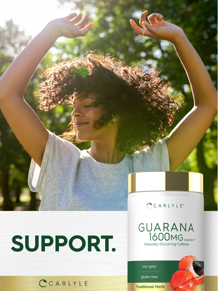 Lifestyle image of adult outdoors with arms raised in sunlight, with Guarana 1600 mg supplement bottle and graphic stating SUPPORT