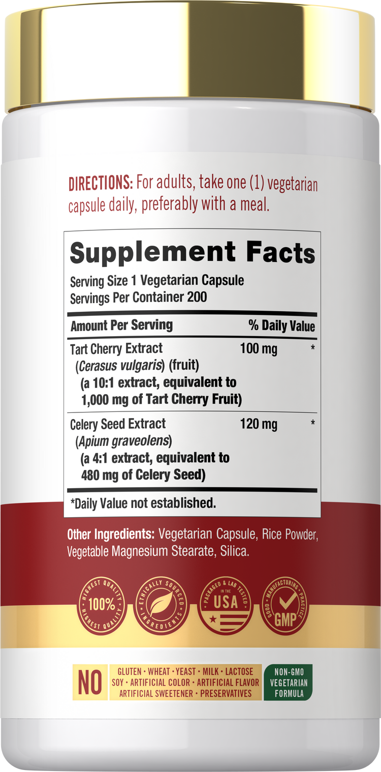 Back label / Supplement Facts for Tart Cherry Extract with Celery Seed vegetarian capsules.
