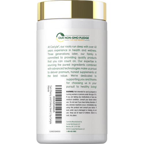 View 8 Side label showing Our Non-GMO Pledge, Carlyle brand information, warning, barcode, and manufacturer details.