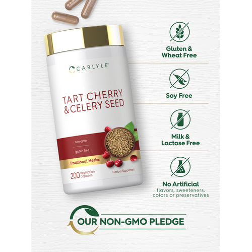 View 12 Tart Cherry & Celery Seed bottle with icons indicating gluten, wheat, soy, milk, lactose free; no artificial ingredients; Non-GMO.