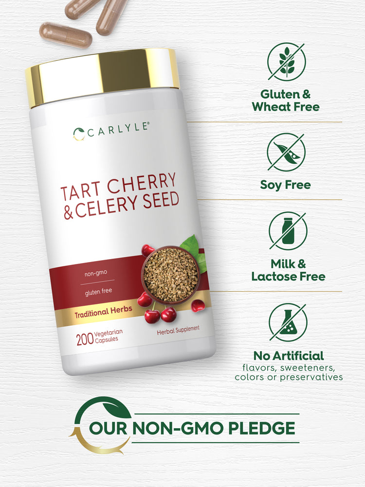 Tart Cherry & Celery Seed bottle with icons indicating gluten, wheat, soy, milk, lactose free; no artificial ingredients; Non-GMO.