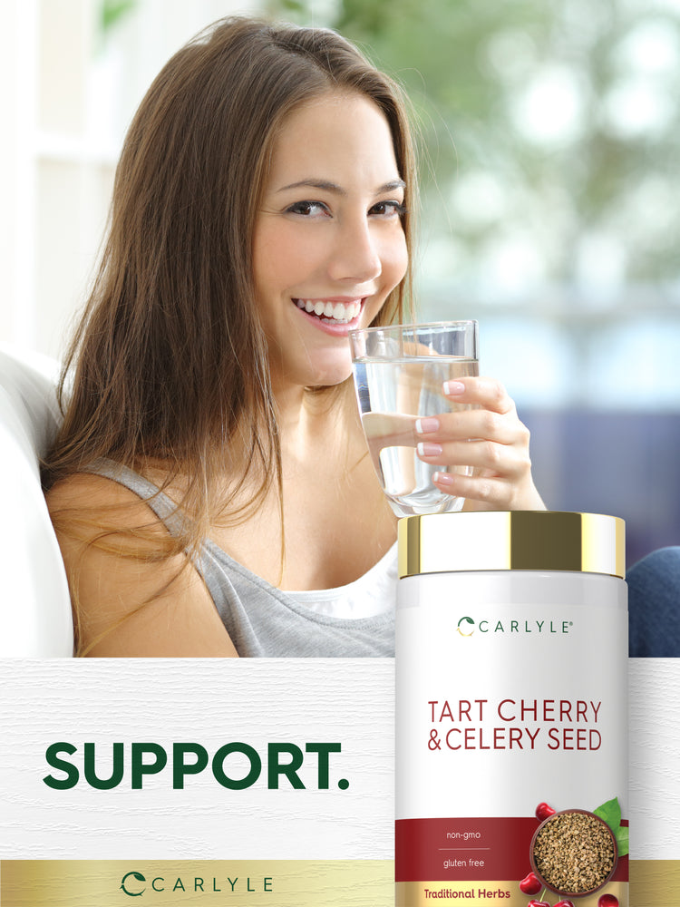 A young woman smiles and drinks water next to a Carlyle Tart Cherry & Celery Seed bottle.