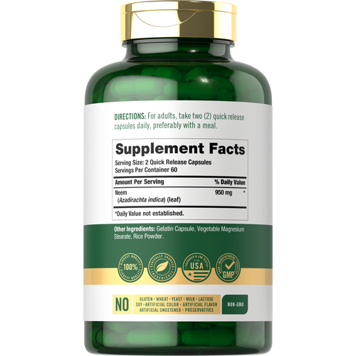 View 2 Back label / Supplement Facts showing Neem 950 mg per serving, directions, other ingredients, and quality badges.