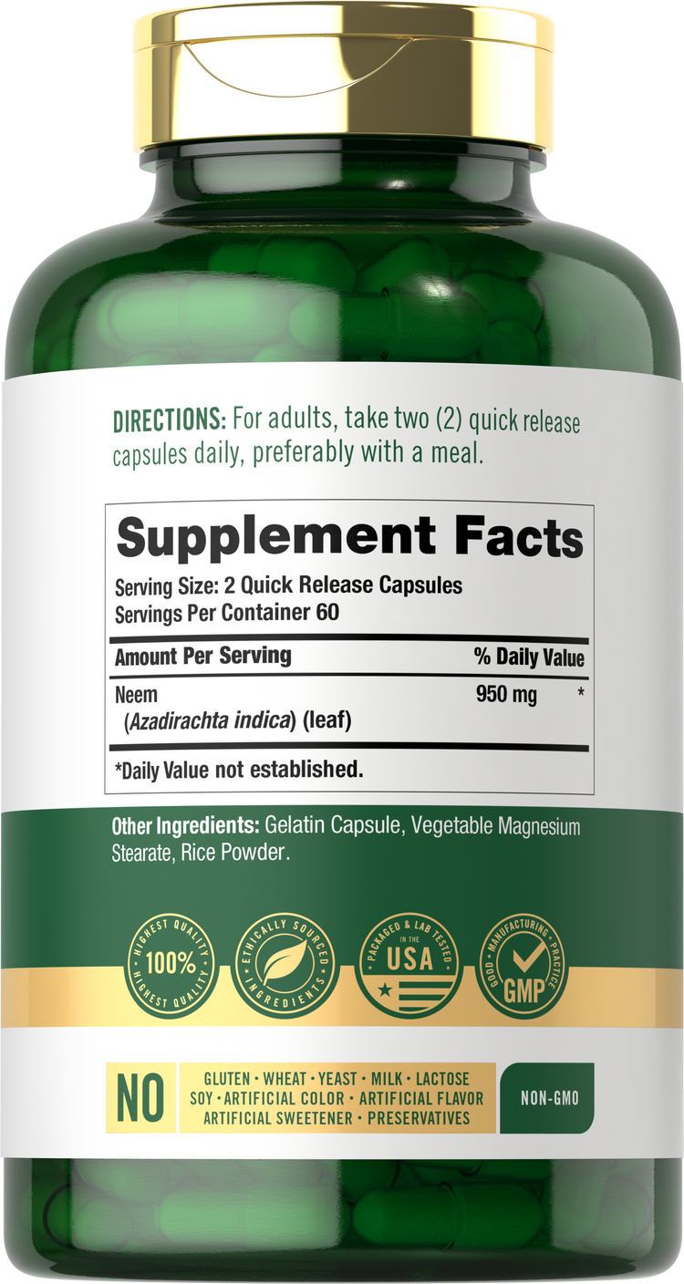 Back label / Supplement Facts showing Neem 950 mg per serving, directions, other ingredients, and quality badges.