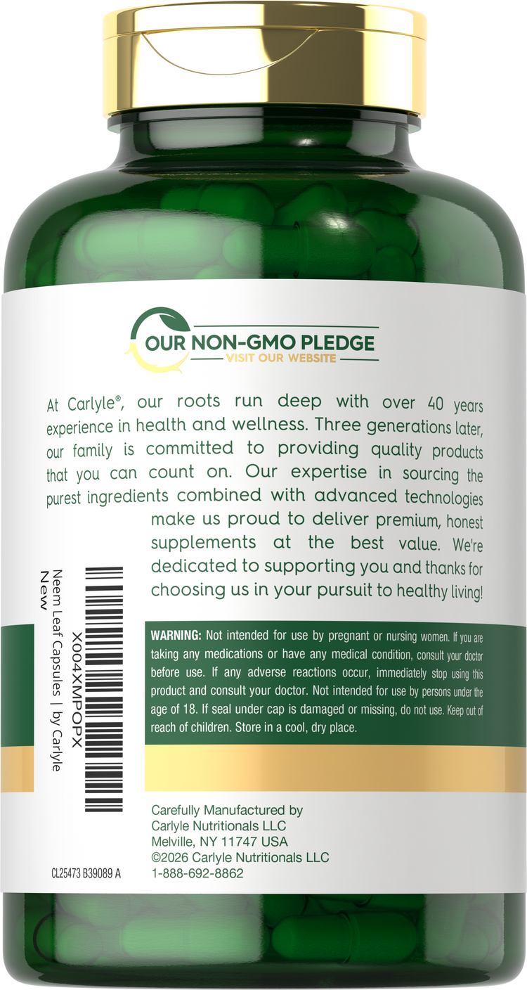 Back bottle label with Our Non-GMO Pledge, product information, warning, and manufacturer details.