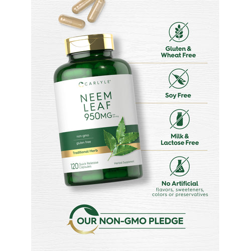 View 8 Neem Leaf bottle with icons indicating Gluten/Wheat Free, Soy/Milk/Lactose Free, No Artificial Flavors/Sweeteners/Colors/Preservatives, Non-GMO.