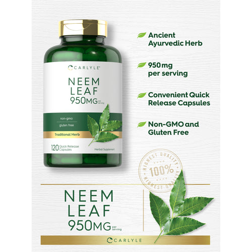 View 6 graphic stating Ancient Ayurvedic Herb, 950 mg per serving, Convenient Quick Release Capsules, Non-GMO and Gluten Free, Neem Leaf 950 mg.