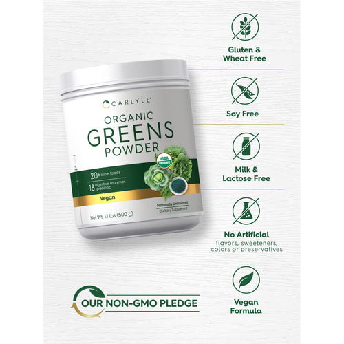 View 8 icons indicating Gluten & Wheat Free, Soy Free, Milk & Lactose Free, No Artificial flavors, sweeteners, colors or preservatives, Our Non-GMO Pledge, and Vegan Formula.