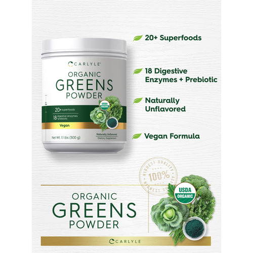 View 6 graphic stating 20+ Superfoods, 18 Digestive Enzymes + Prebiotic, Naturally Unflavored, Vegan Formula, 100% Highest Quality, and USDA Organic.