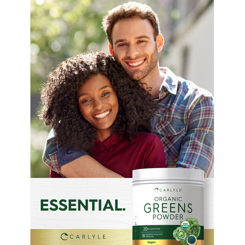 View 10 Lifestyle image of smiling adults embracing with Carlyle Organic Greens Powder bottle and graphic stating ESSENTIAL.