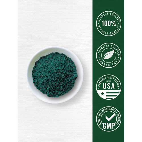 View 2 Graphic showing blue-green supplement powder with quality badges stating Highest Quality 100%, Ethically Sourced Ingredients, Packaged & Lab Tested in the USA