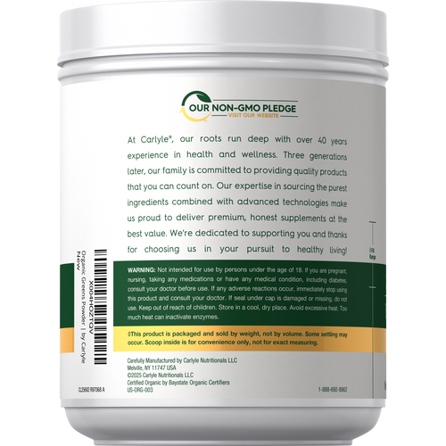 View 4 Back product label showing Our Non-GMO Pledge, brand quality statement, warning, storage information, and manufacturer details.