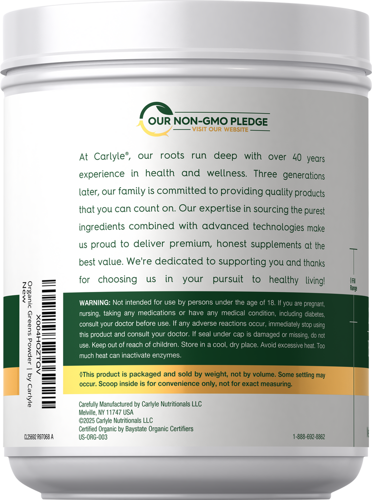 Back product label showing Our Non-GMO Pledge, brand quality statement, warning, storage information, and manufacturer details.