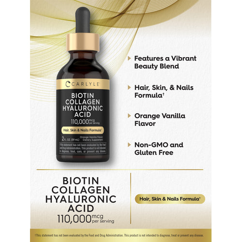 View 8 Graphic stating Features a Vibrant Beauty Blend, Hair, Skin, & Nails Formula†, Orange Vanilla Flavor, Non-GMO and Gluten Free, Biotin Collagen Hyaluronic Acid 110,000 mcg per serving, Hair, Skin & Nails Formula†.