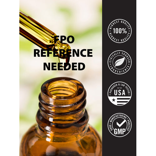 View 6 Graphic showing dropper dispensing liquid with badges stating Highest Quality 100%, Ethically Sourced Ingredients, Packaged & Lab Tested USA, and Good Manufacturing Practices GMP