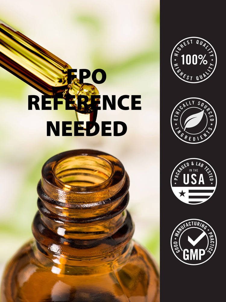 Graphic showing dropper dispensing liquid with badges stating Highest Quality 100%, Ethically Sourced Ingredients, Packaged & Lab Tested USA, and Good Manufacturing Practices GMP