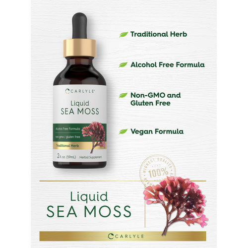 View 8 Graphic showing Carlyle Liquid Sea Moss with callouts stating Traditional Herb, Alcohol Free Formula, Non-GMO and Gluten Free, Vegan Formula, and Finest Quality 100%