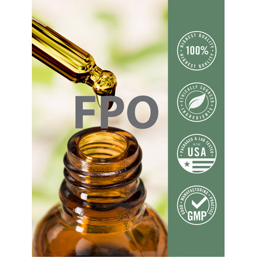 View 7 Dropper dispensing golden liquid into amber bottle with quality badges stating Finest Quality 100%, Ethically Sourced Ingredients, Packaged & Lab Tested USA