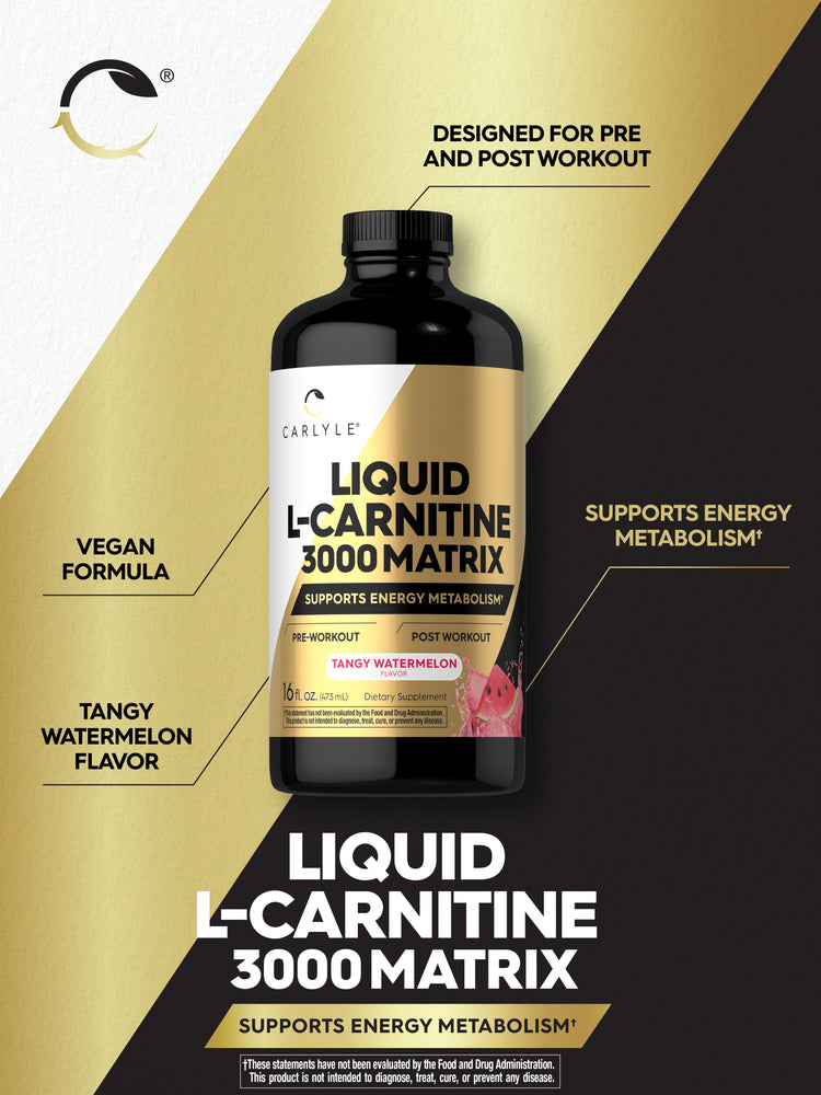 Graphic stating Liquid L-Carnitine 3000 Matrix, Supports Energy Metabolism*, Designed for Pre and Post Workout, Vegan Formula, Tangy Watermelon Flavor