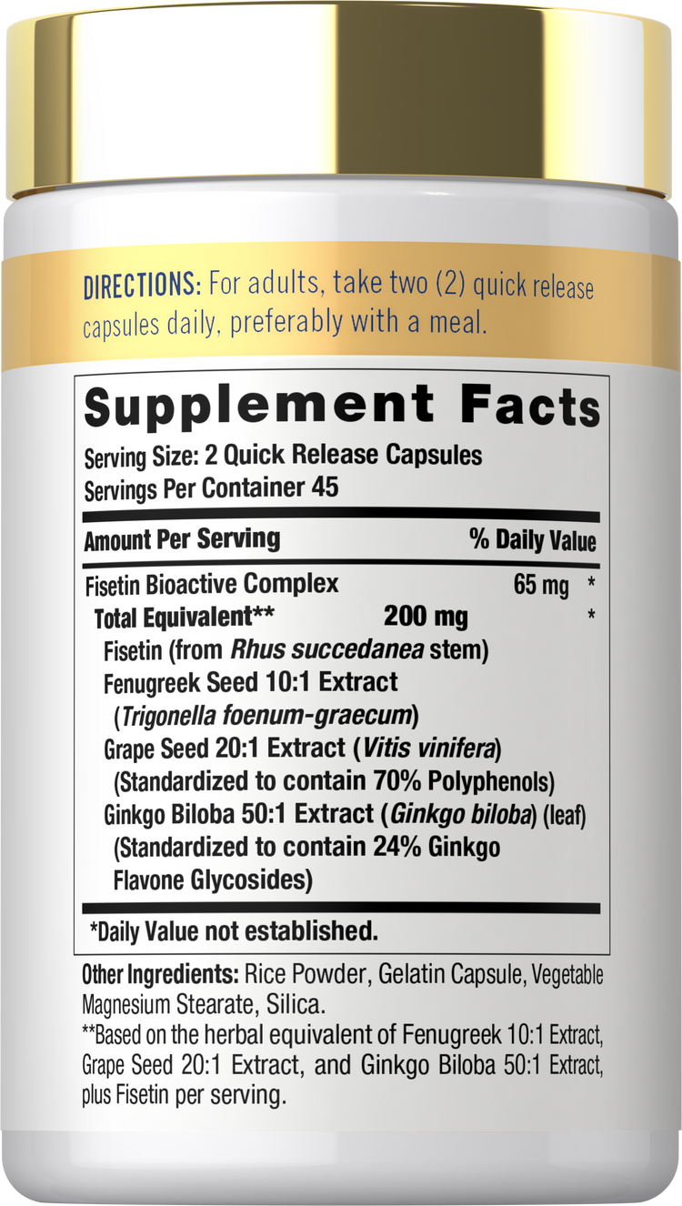Back label / Supplement Facts showing directions, serving size, ingredients, and Fisetin Bioactive Complex amounts.