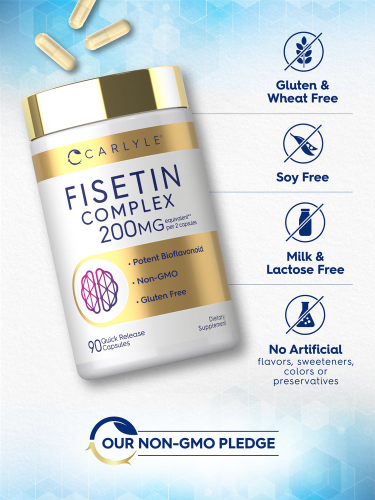 Bottle with capsules and icons indicating Gluten & Wheat Free, Soy Free, Milk & Lactose Free, No Artificial flavors, sweeteners, colors or preservatives, and Our Non-GMO Pledge.