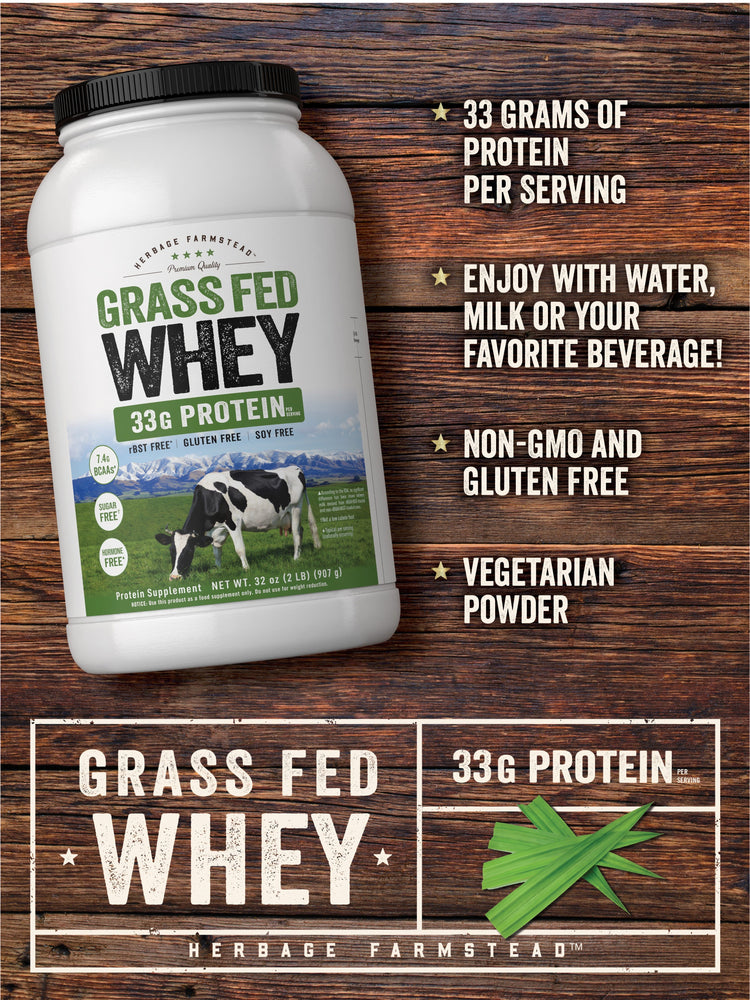 Product graphic stating 33 Grams of Protein Per Serving, Enjoy With Water, Milk or Your Favorite Beverage!, Non-GMO and Gluten Free, Vegetarian Powder, Grass Fed Whey, 33g Protein.