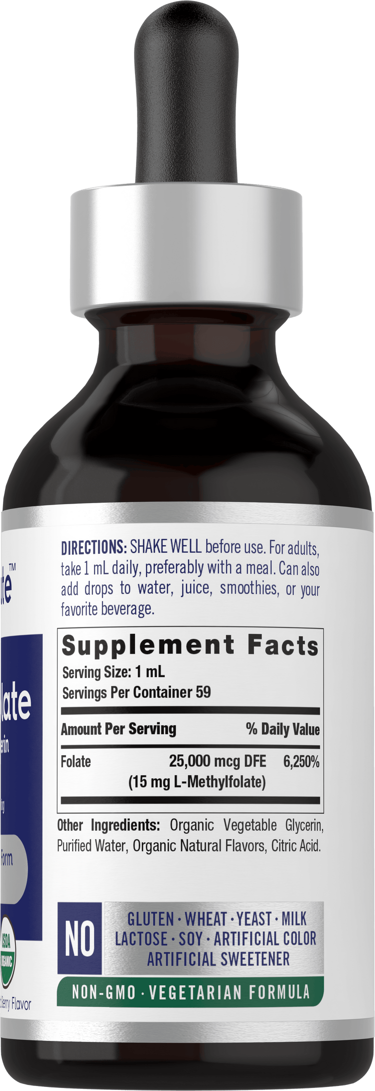 Supplement Facts panel displaying Carlyle L-Methylfolate 15 mg 2 oz Liquid information clearly.