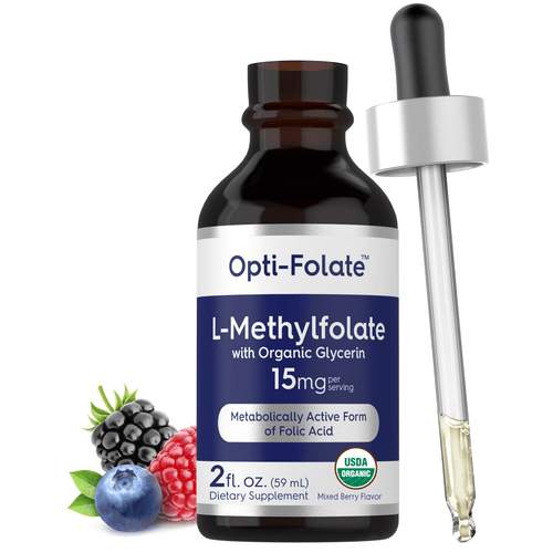 View 4 Front bottle shot of Opti-Folate L-Methylfolate with Organic Glycerin, 15 mg per serving, 2 fl. oz. (59 mL), Mixed Berry Flavor, with dropper and berries.