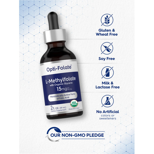 View 10 Bottle with icons indicating Gluten & Wheat Free, Soy Free, Milk & Lactose Free, No Artificial colors or sweeteners, and Our Non-GMO Pledge.