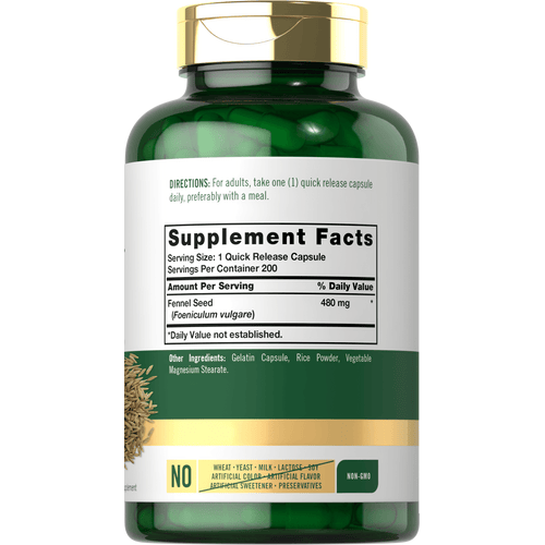View 5 Back label / Supplement Facts for Fennel Seed, showing 480 mg per serving, 200 servings per container