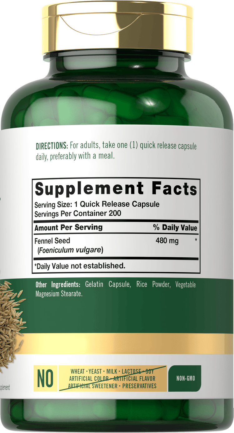 Back label / Supplement Facts for Fennel Seed, showing 480 mg per serving, 200 servings per container
