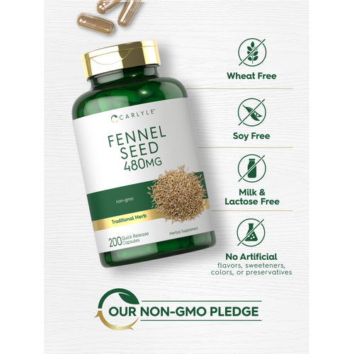 View 9 Carlyle Fennel Seed 480MG bottle with icons indicating Wheat Free, Soy Free, Milk & Lactose Free, No Artificial flavors, sweeteners, colors, or preservatives, and Our Non-GMO Pledge