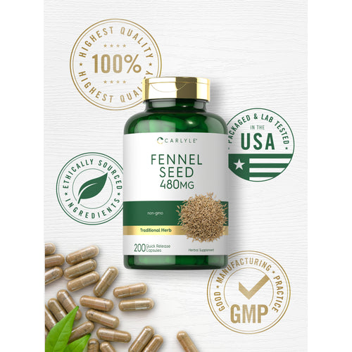 View 11 Carlyle Fennel Seed 480MG bottle with capsules and graphic stating Highest Quality 100%, Ethically Sourced Ingredients, Packaged & Lab Tested in the USA, Good Manufacturing Practice GMP