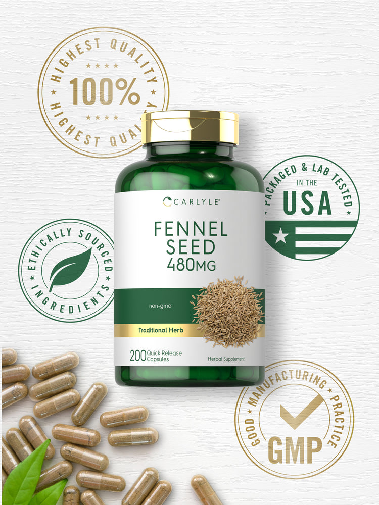 Carlyle Fennel Seed 480MG bottle with capsules and graphic stating Highest Quality 100%, Ethically Sourced Ingredients, Packaged & Lab Tested in the USA, Good Manufacturing Practice GMP