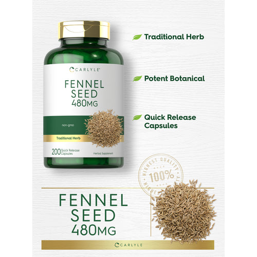 View 7 Graphic stating Traditional Herb, Potent Botanical, Quick Release Capsules, with Carlyle Fennel Seed 480MG bottle and fennel seeds
